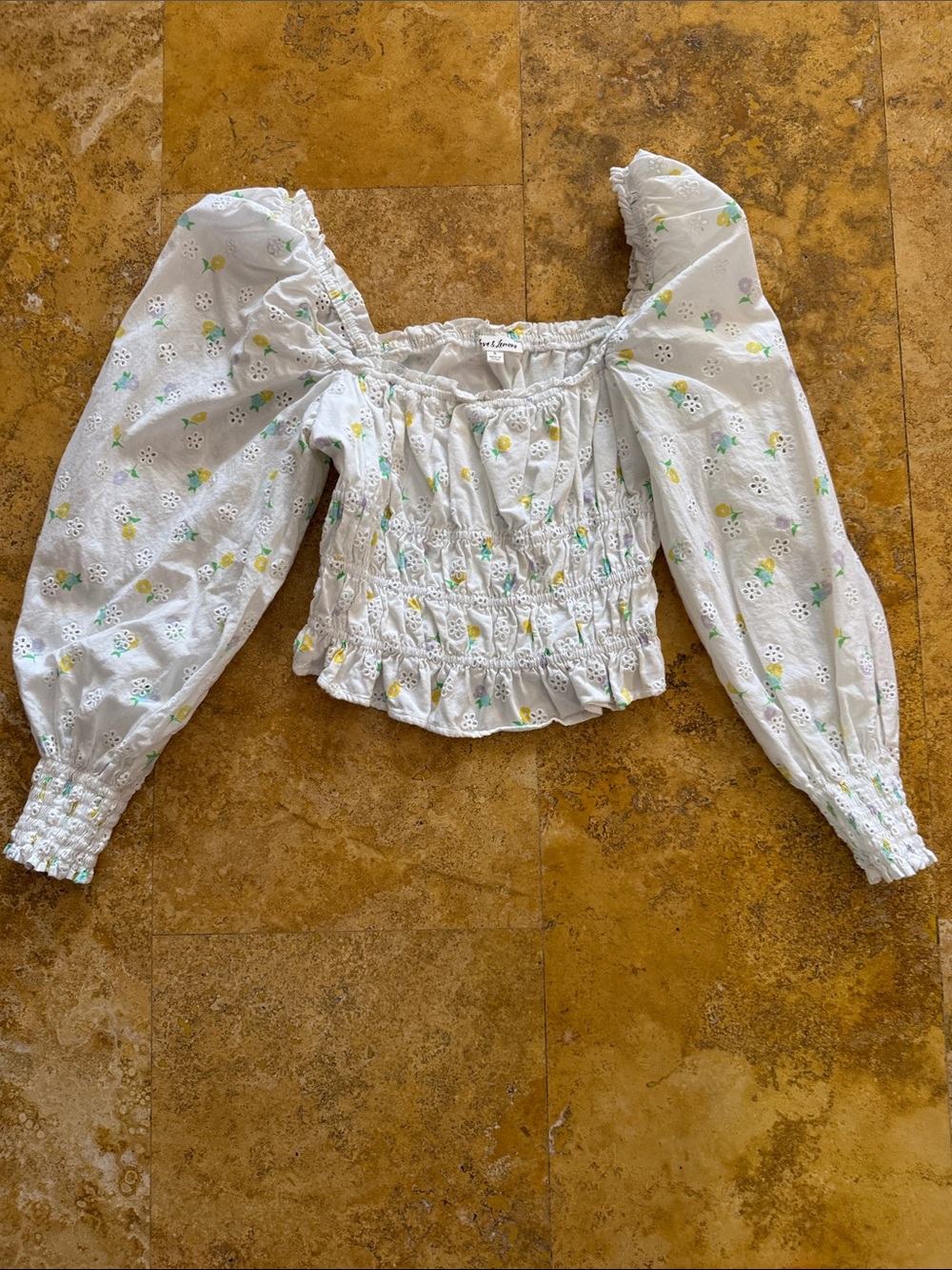 For Love & Lemons White Eyelet Smocked Blouse with Yellow & Green Floral